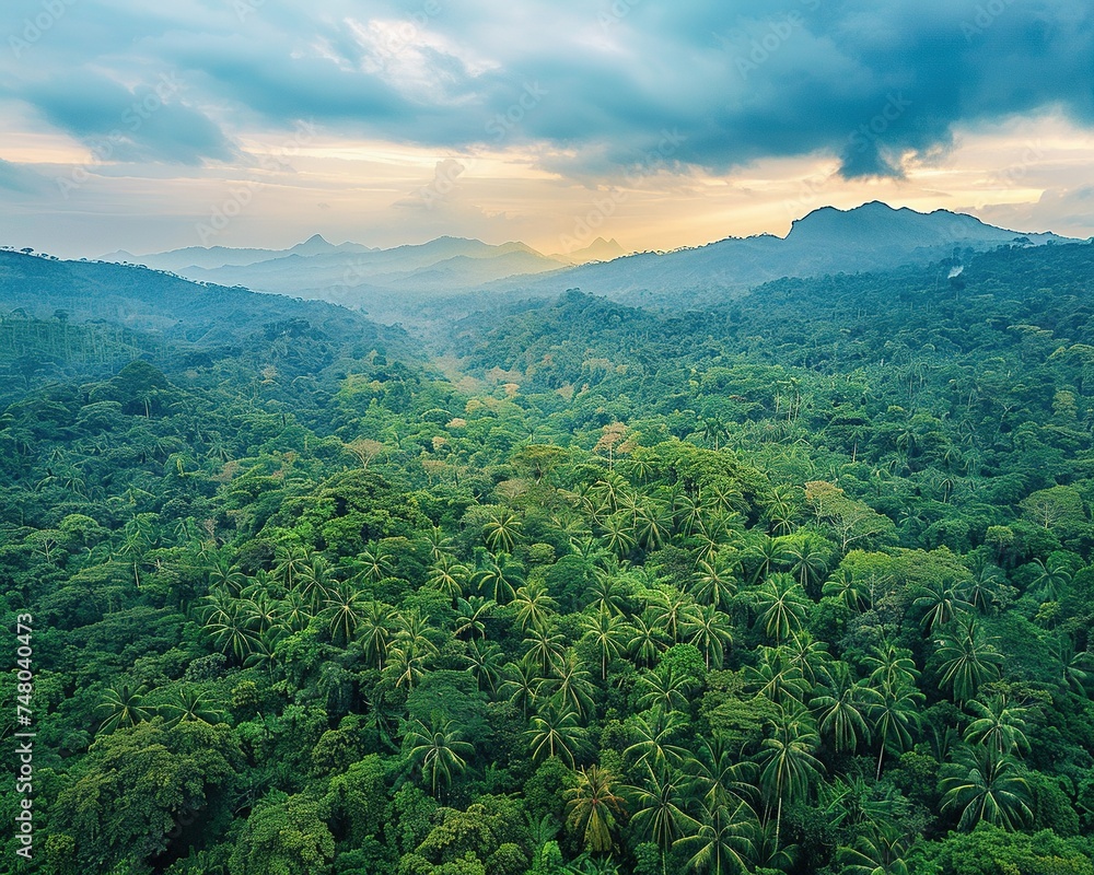 Lush rainforest canopy teeming with biodiversity, a bird's-eye view of animal habitats and ecosystems