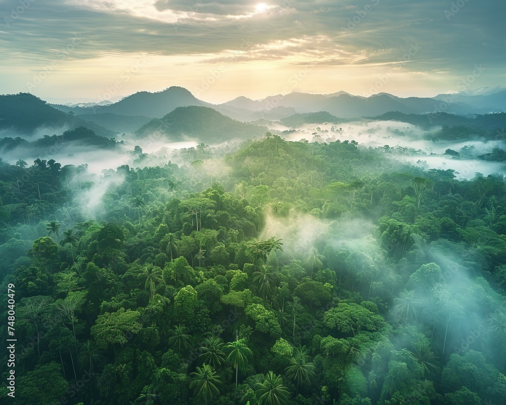 Lush rainforest canopy teeming with biodiversity, a bird's-eye view of animal habitats and ecosystems Lush rainforest canopy teeming with biodiversity, a bird's-eye view of animal habitats and ecosystems