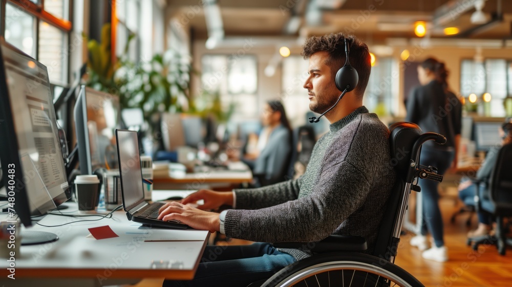 Fototapeta premium Man in a wheelchair working attentively at his computer in a busy office environment.