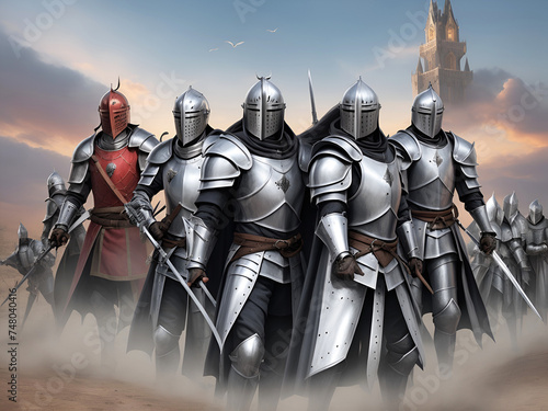 Grupo de guerreros con armadura y espada. Vista de frente. Ai Generativa