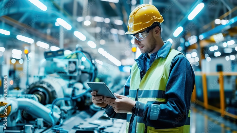 Skilled engineer with safety gear using a tablet in an automated manufacturing plant. Skilled engineer with safety gear using a tablet in an automated manufacturing plant.