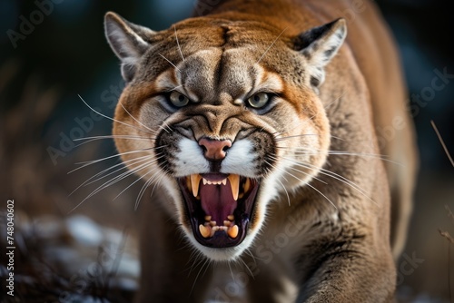 Roaring cougar or mountain lion hunts its prey