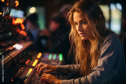 Young beautiful woman operating broadcast control room in television station side view photo