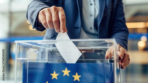 Hand casting a vote in an EU ballot box.