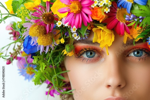 Beauty woman portrait with wreath from flowers on head over white background