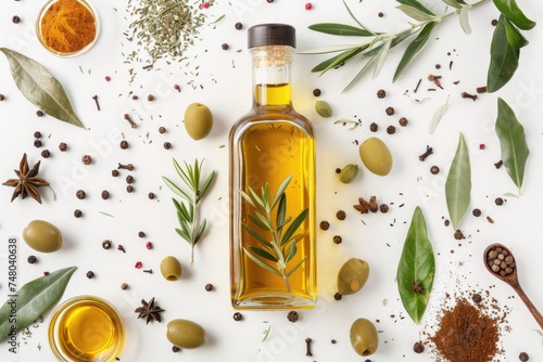 Bottle of olive oil and spices on white background