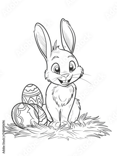Coloring page outline of cartoon cute easter bunny with eggs. Coloring book for kids.
