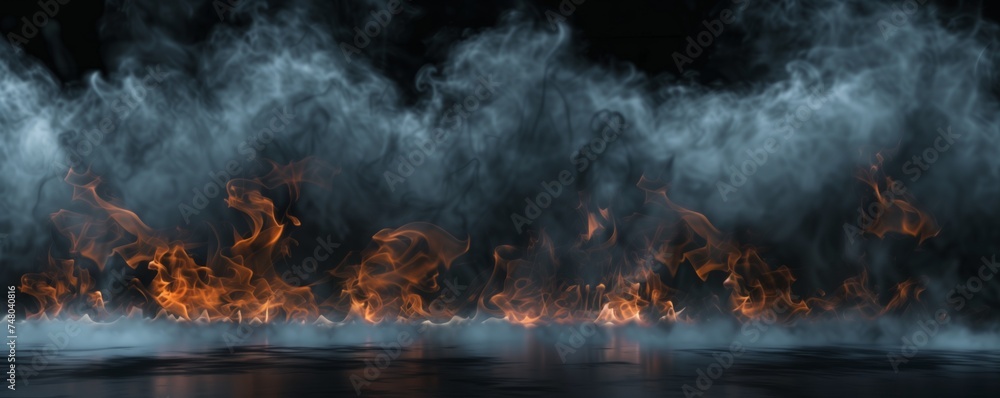 Subtle flames dance across a dark reflective surface, shrouded in billowing smoke against an abyssal backdrop