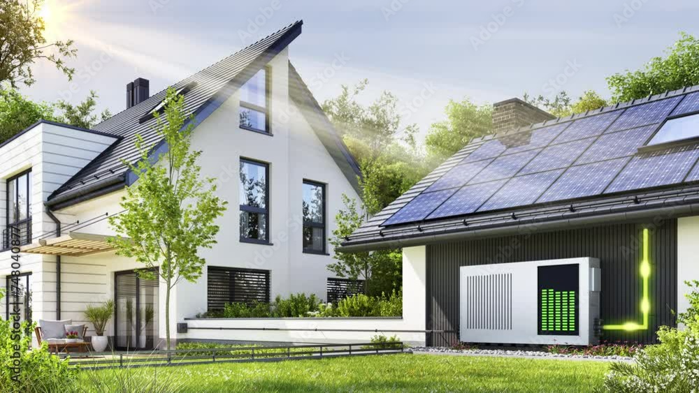 Modern house with solar panels and storage batteries Modern house with solar panels and storage batteries