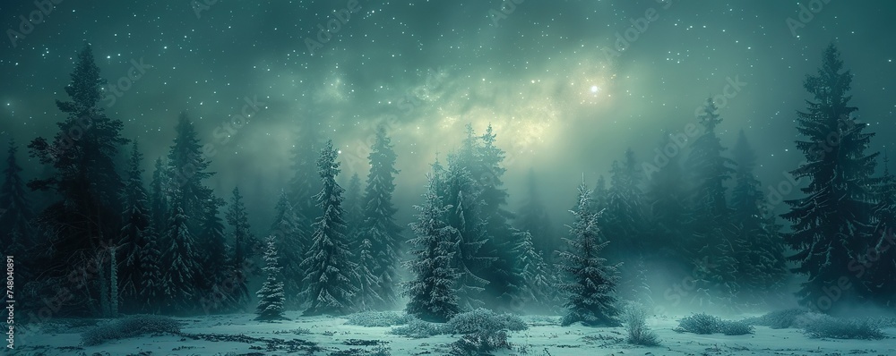 Northern lights over a snow-covered forest, a mystical backdrop for the nocturnal life of arctic animals  - obrazy, fototapety, plakaty 