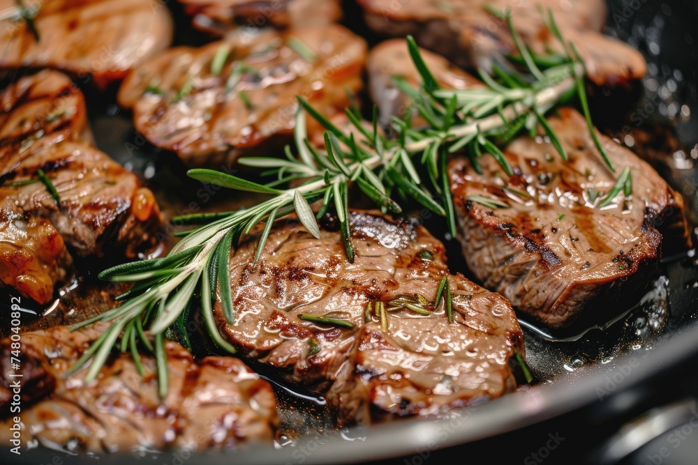 Juicy steak in a pan with a branch of rosemary. Cooking steak.