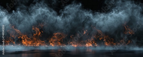 Subtle flames dance across a dark reflective surface, shrouded in billowing smoke against an abyssal backdrop © EVGENIA