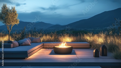 Luxury outdoor seating area lounge or terrace with nature panoramic view