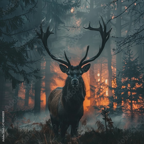 Noble stag in misty forest at dawn, symbolizing wilderness and animal majesty in their natural habitat