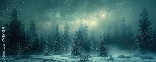 Northern lights over a snow-covered forest, a mystical backdrop for the nocturnal life of arctic animals 