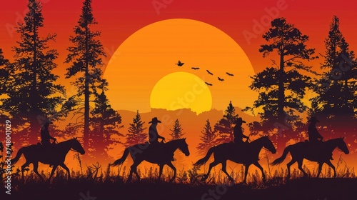 Silhouettes of cowboys riding horses at sunset