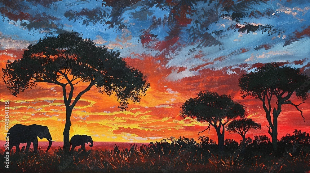 Vibrant safari sunset with silhouetted elephants and acacias, capturing the essence of wild Africa, serene yet alive - obrazy, fototapety, plakaty 