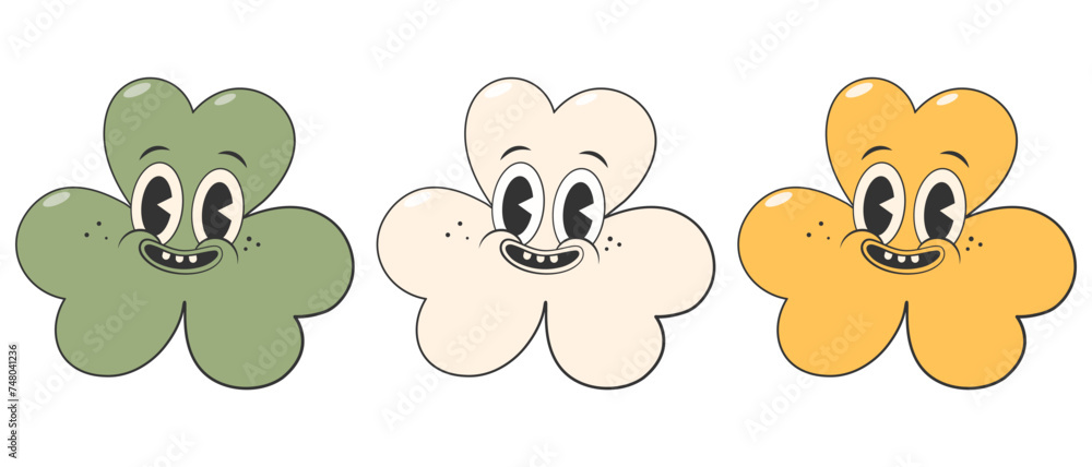 Trendy retro cartoon character clovers with three leaf in Irish flag colors.Green, white and orange clovers.Happy Saint Patrick's Day.Groovy style,vintage,70s 60s.Vector illustration EPS 10