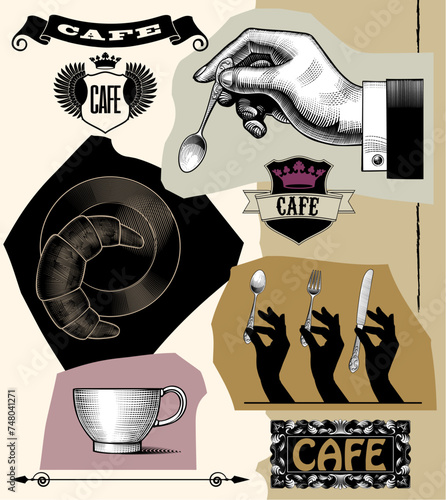 Graphic collage with engraved hands, dishes, cutlery, banners and badges in color vintage drawing style. Set of design elements for cafe menu or page. Vector 
illustration