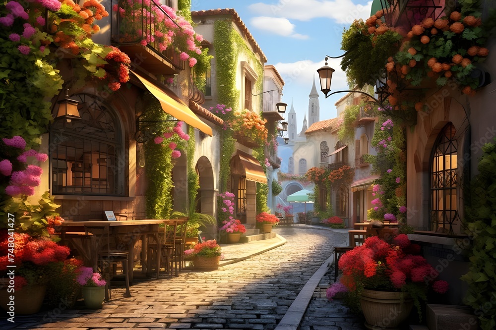 Quaint European Alleyway: A charming European alleyway with cobblestone streets, historic facades, and colorful flower boxes.

