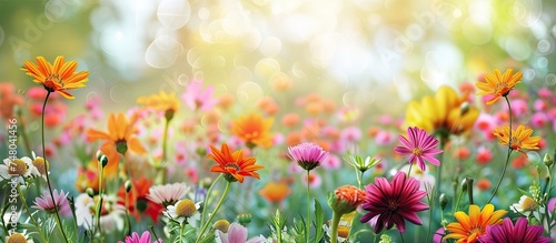 A field filled with a variety of colorful flowers fills the frame, with a blurred background creating a sense of depth and perspective. The flowers stand out vividly against the soft, out-of-focus © 2rogan
