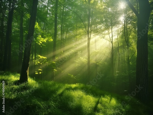 The sun's rays pass through the foliage of the trees in the forest © cherezoff
