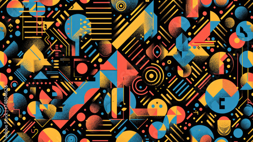 Colorful Geometric Shapes and Lines on a Dark Background: A Vibrant Abstract Art