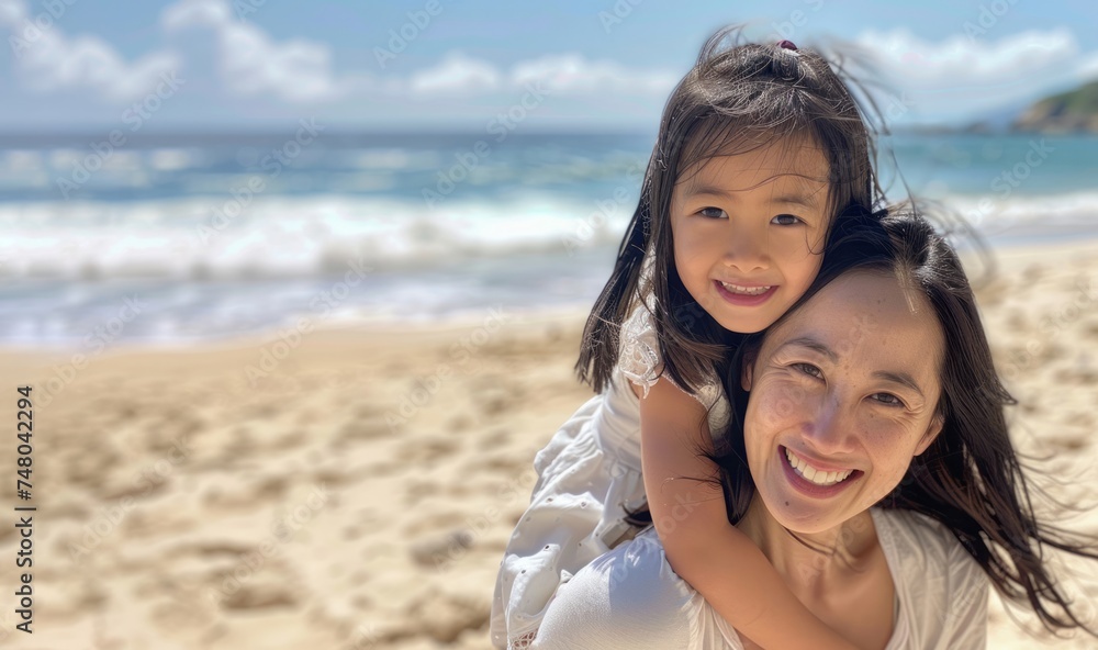 Cute asian young daughter or pupil on a piggy back ride with her mother on the beach. Cute asian young daughter or pupil on a piggy back ride with her mother on the beach.
