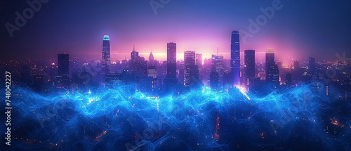 Technology concept for smart cities and big data connection with digital blue wavy wires with antennas against a night skyline of a megapolis city, double exposure #748042227