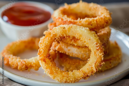 Fried crispy onion rings with dipping sauce. Generative AI