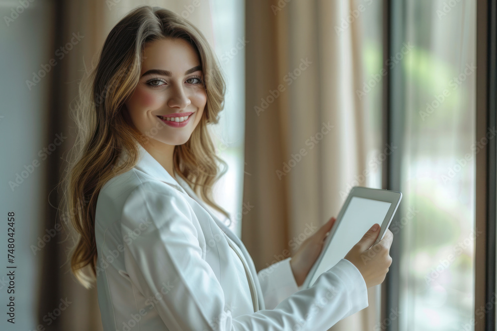 Confident businesswoman in a crisp white blazer, holding a tablet and smiling warmly. Confident businesswoman in a crisp white blazer, holding a tablet and smiling warmly.