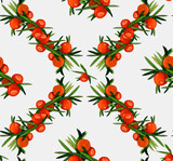 Watercolor Seamless pattern with sea buckthorn berries and green leaves on a light background. Fabric, texture, background for bed linen, wallpapers, napkins, wrapping paper.