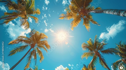 Upward view of palm trees against a bright blue sky with sun glare