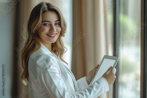 Confident businesswoman in a crisp white blazer, holding a tablet and smiling warmly.