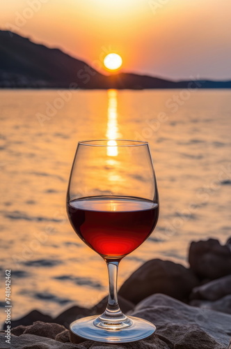 Red Wine Glass Against Ocean Sunset
