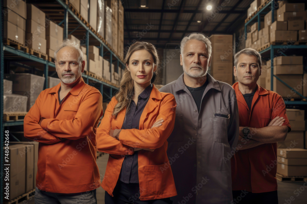 Portrait group of warehouse worker men and women smiling and work as a team. Portrait group of warehouse worker men and women smiling and work as a team.