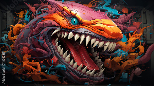 Colorful graffiti with a 3D shape of a snake monster with its mouth open and an evil expression. Illustration of a monster with threatening teeth in pink  orange and blue colors  Street art on walls.