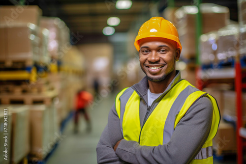 Portrait of happy African worker man working in warehouse factory.