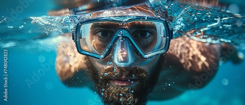 A professional swimmer swimming underwater in a blue abyss