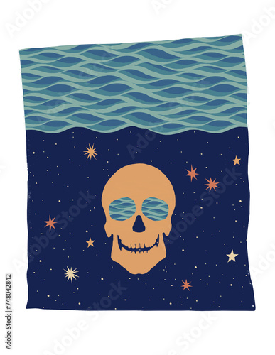 A ready-made isolated printed poster composed of a human skull with a pattern of water in the eyes, the night sky, stars, and the surface of the sea. Vintage color palette from the 60s, 70s, 80s.