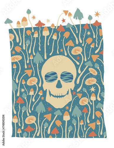 A ready-made isolated print poster composed of hand-drawn psilocybin mushrooms, a human skull with water in its eye sockets, and a starry background. Vintage color palette from the 60s, 70s, 80s.