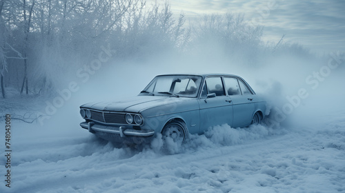 Winter's Grasp: Vintage Car in Snowy Haze