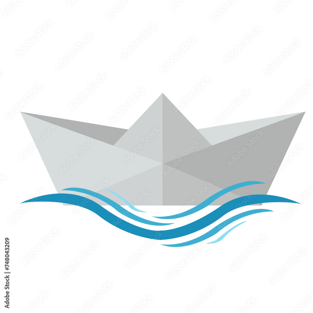 Origami d'un bateau de papier sur vagues bleues Origami d'un bateau de papier sur vagues bleues