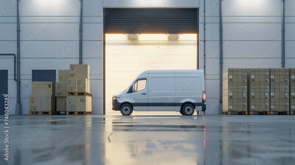 Outside of Logistics Warehouse with Open Door, Delivery van with open doors Loaded with Cardboard Boxes. Moving And Delivery concept.