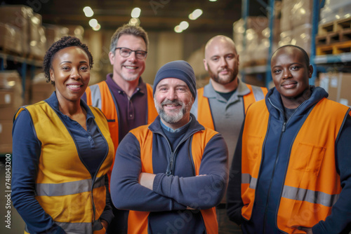 Portrait group of warehouse worker men and women smiling and work as a team.
