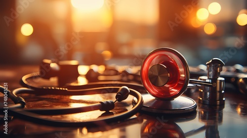 A close-up shot of a stethoscope and a medical heart symbol, with sound waves emanating from the heart, representing cardiac health and auscultation, captured in high-definition precision photo