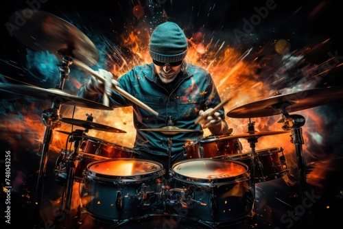 Drummer playing drums on a dark background with fire and smoke.