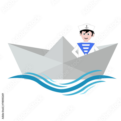 Origami d'un bateau de papier  et tête d'ado en habit de marin, sur vagues bleues