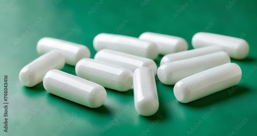 A collection of white capsules on a green surface A collection of white capsules on a green surface