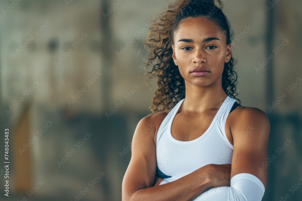 Confident athlete in white sportswear, posing with arms crossed and a determined expression.